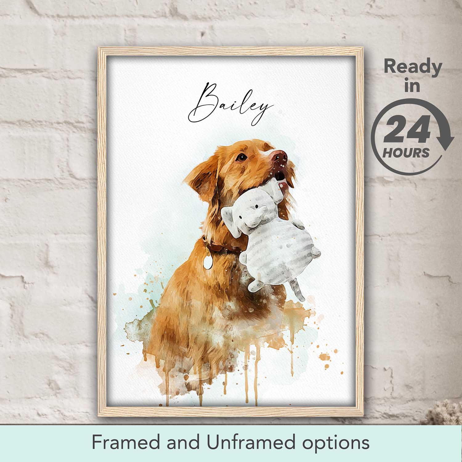 Custom dog and cat watercolor portrait framed and unframed poster options, pet wall art