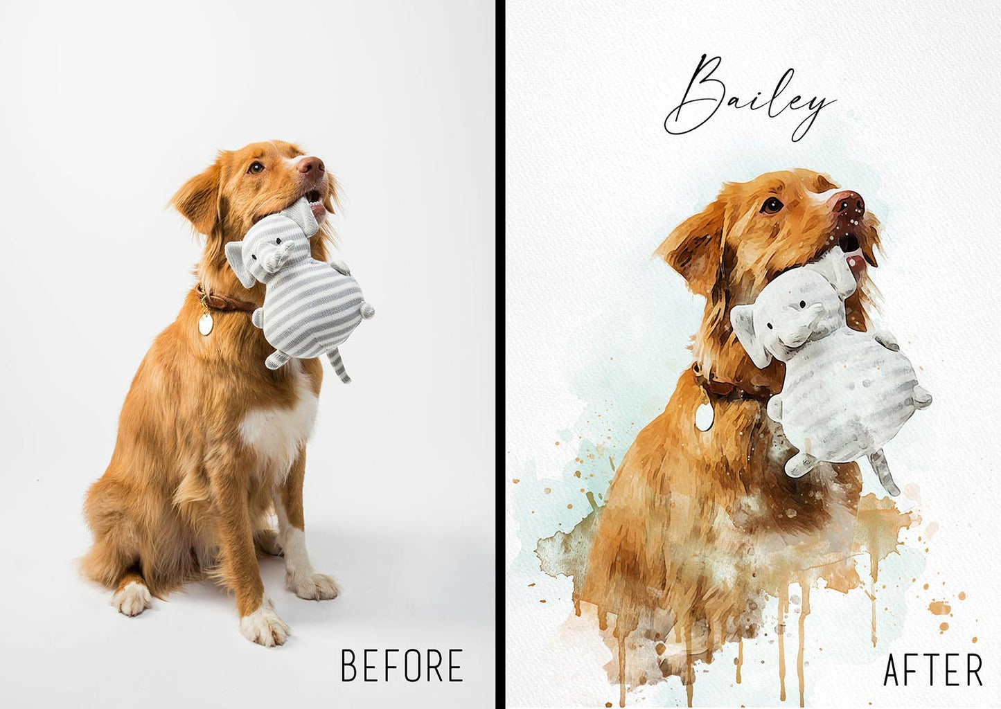 Custom watercolor pet portrait before and after comparison, personalized dog art print from photo