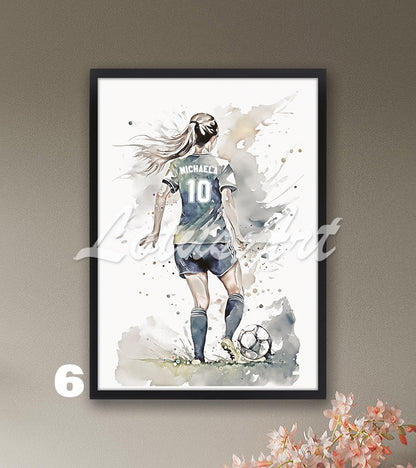 Custom soccer girl watercolor sports decor with personalized name & number in pastel colors - kids room art print