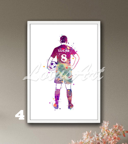 Custom soccer player watercolor sports decor with personalized name & number in colorful tones - kids room wall art print