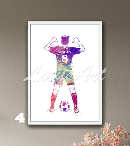 Custom soccer player watercolor sports print with personalized name & number in colorful tones - boys room decor
