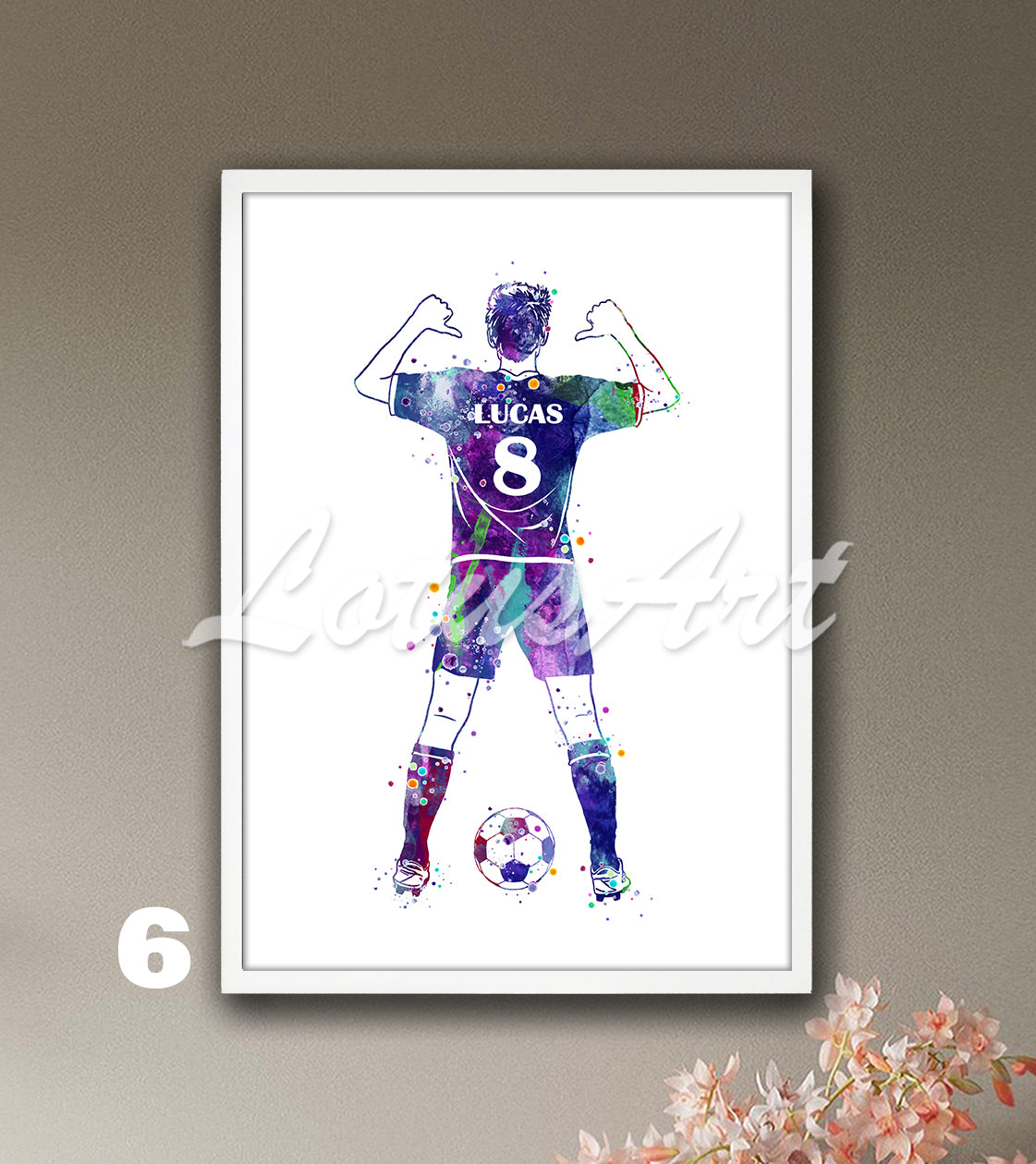 Custom soccer player watercolor sports poster with personalized name & number in blue ppurple tones - boys room wall decor
