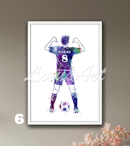 Custom soccer player watercolor sports poster with personalized name & number in blue ppurple tones - boys room wall decor