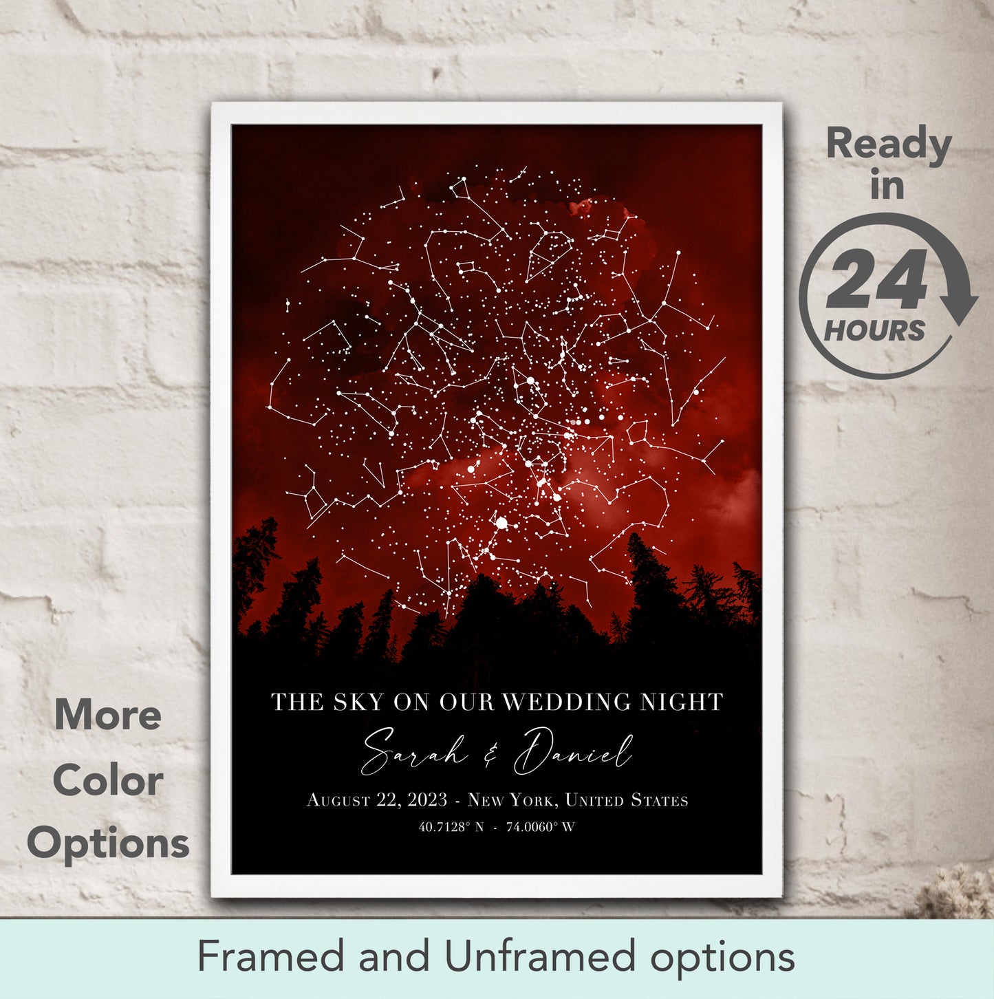 Custom star map wedding night gift in dark red and black tones, personalized celestial constellation art print for couple