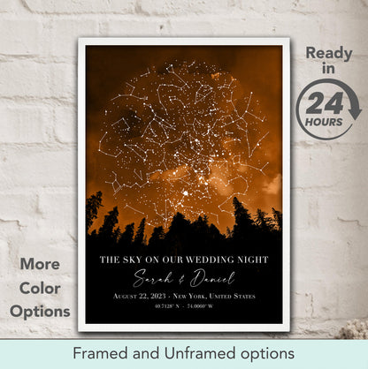 Personalized star map wedding night print in warm brown and black tones, custom celestial art and romantic anniversary gift