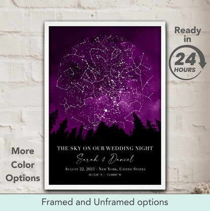 Star map of the wedding night in purple and black tones, personalized celestial constellation print and romantic couple gift