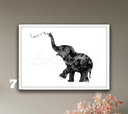 Black-white cute baby elephant watercolor artwork for African animals decor, elegant safari gift