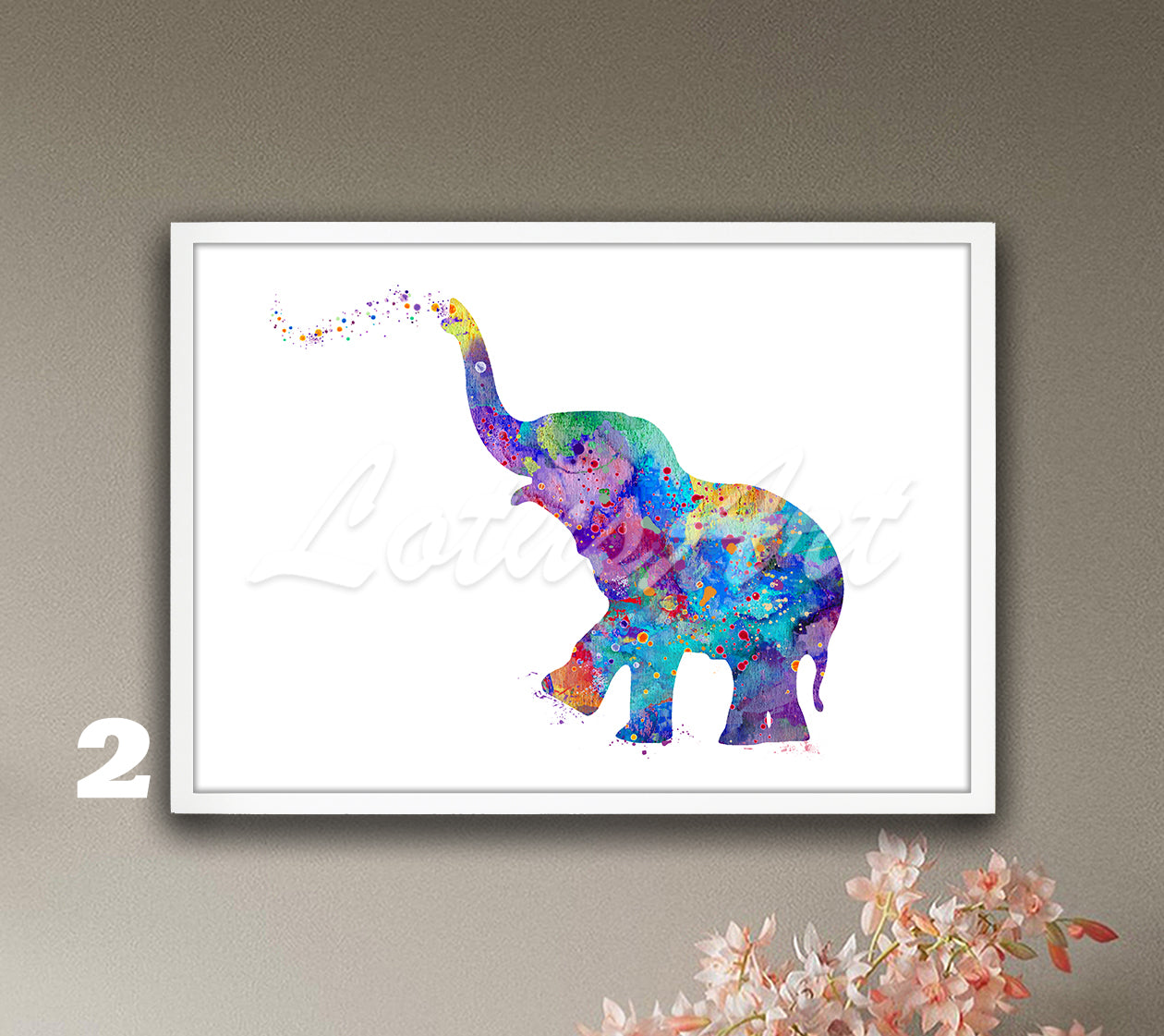Cute baby elephant watercolor art poster for African animals decor in blue and purple tones, kids gift