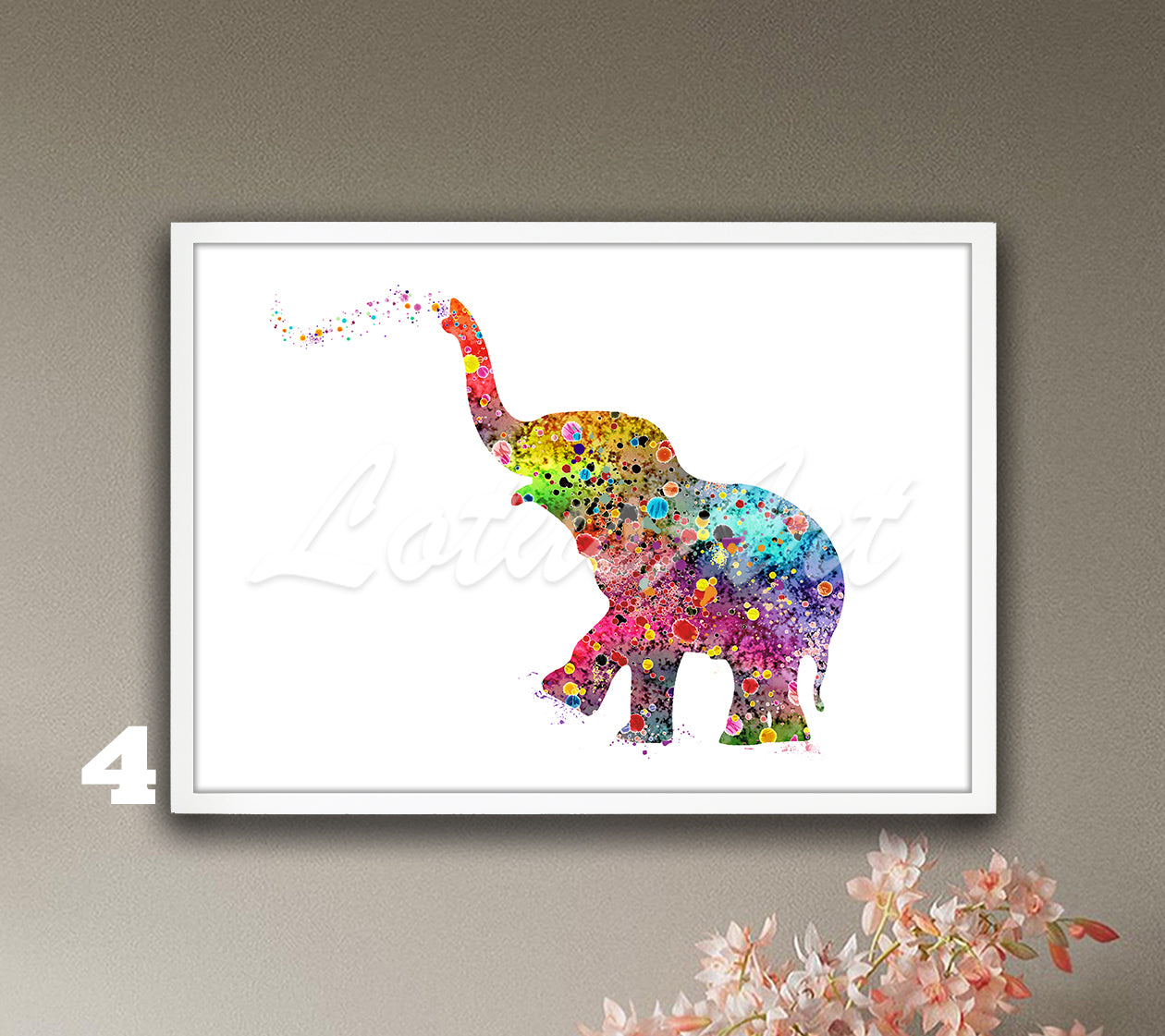 Cute baby elephant watercolor wall art print for African animals wall decor in rainbow tones, nursery gift