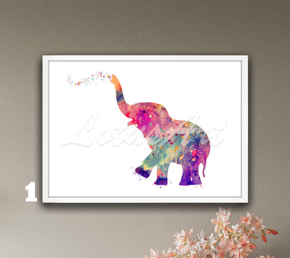 Cute baby elephant watercolor art print for African animals wall decor in multicolor tones