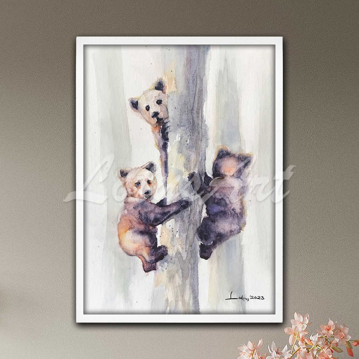 Cute bear cubs watercolor print in white frame, nursery forest animal painting & kids room decor poster