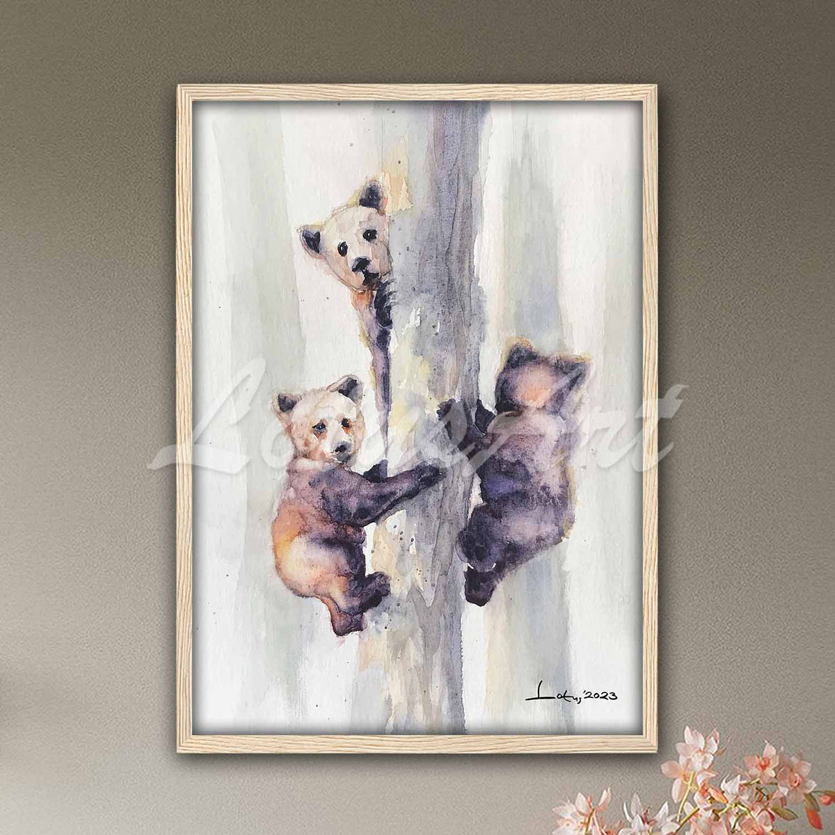 Cute grizzly bear cubs watercolor artwork in natural wood frame, nursery animal wall decor & original forest print