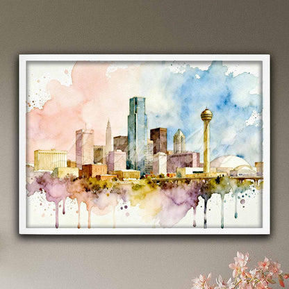 Dallas, USA Skyline watercolor print in white wooden frame, Texas cityscape wall decor & Reunion Tower poster in pastel tones