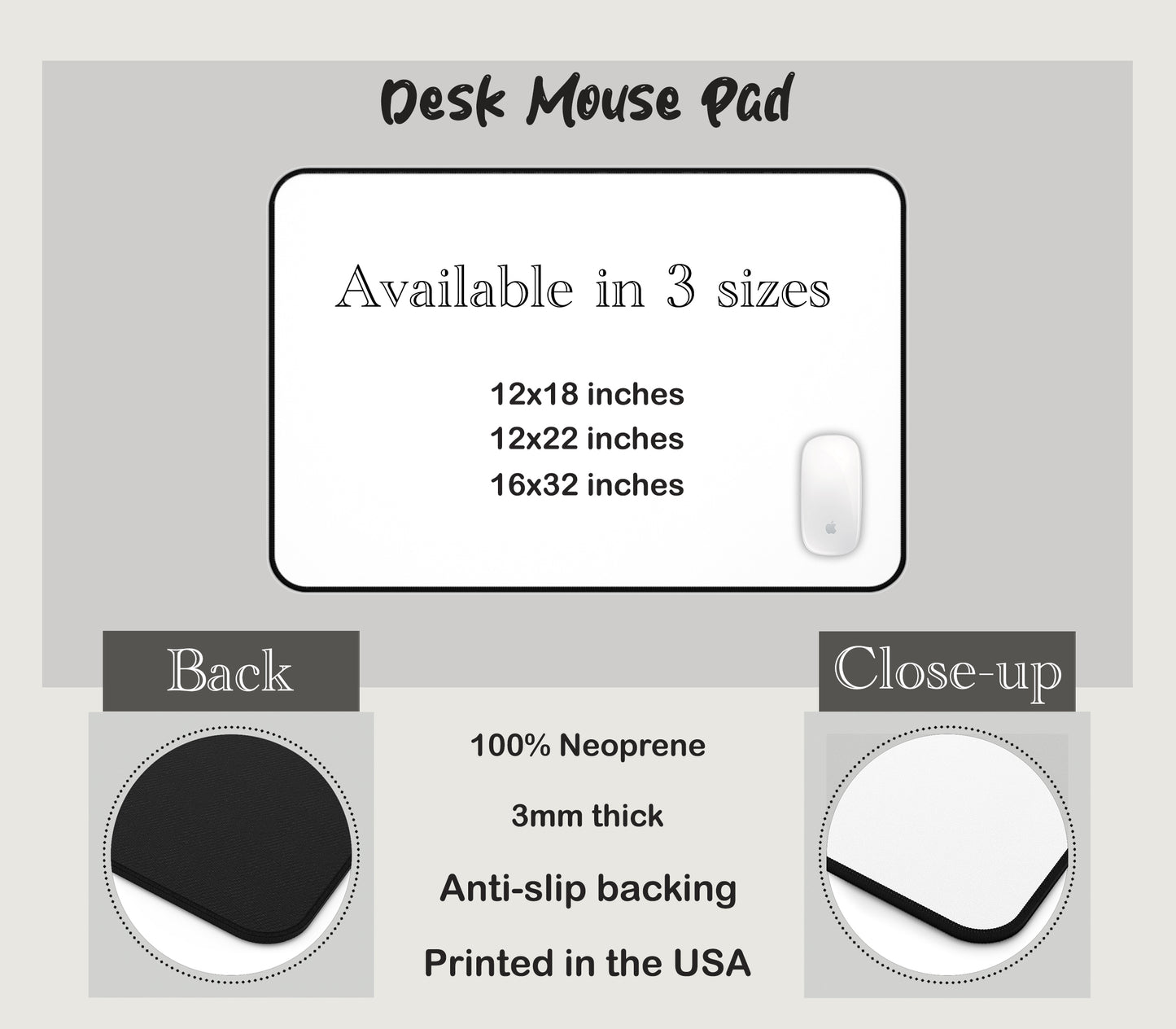 Desk mouse pad sizes and specifications - 3 sizes available, neoprene, anti-slip backing, printed in USA
