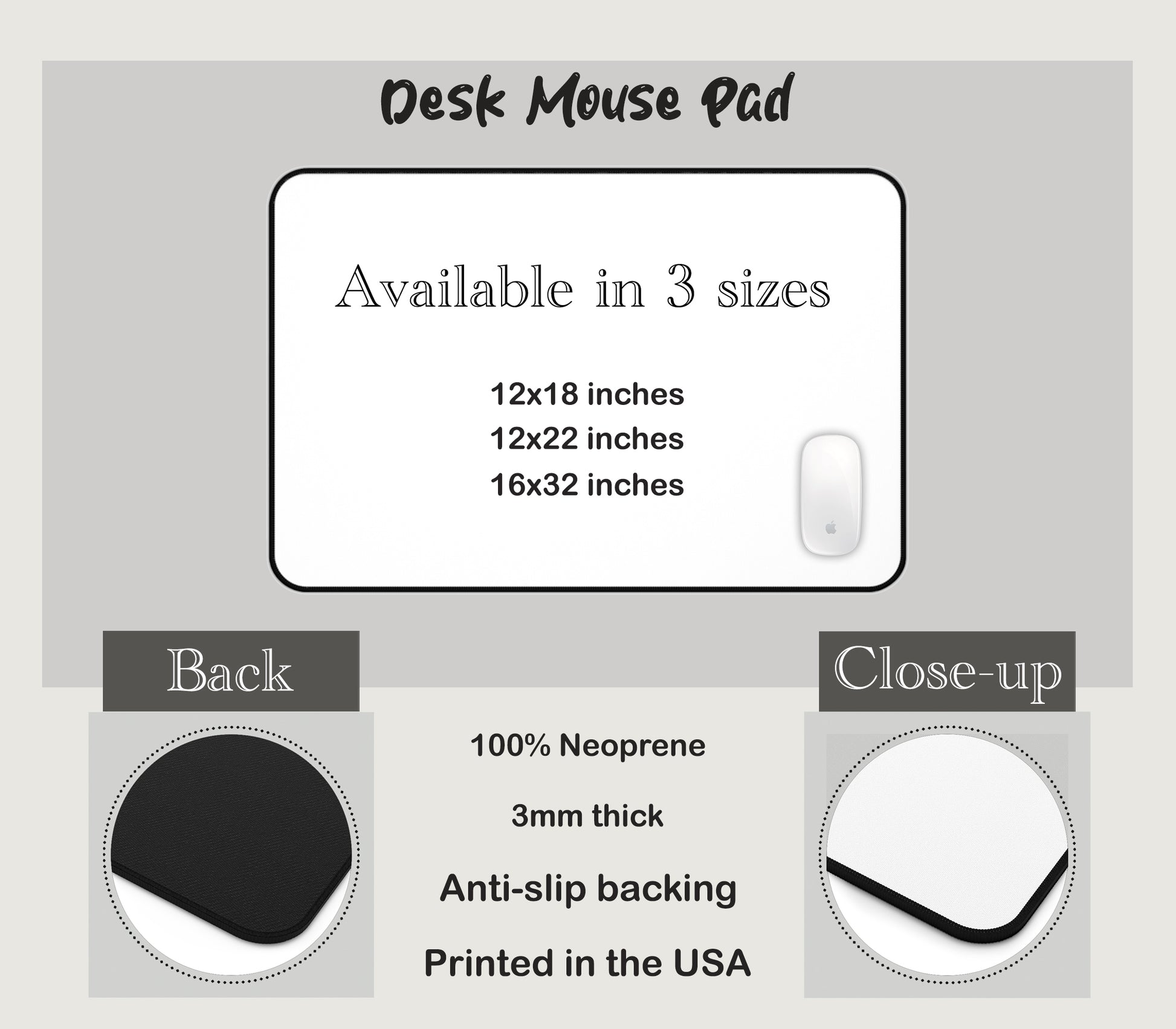 Desk mouse pad sizes and specifications - 3 sizes available, neoprene, anti-slip backing, printed in USA