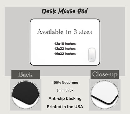 Desk mouse pad sizes and specifications - 3 sizes available, neoprene, anti-slip backing, printed in USA