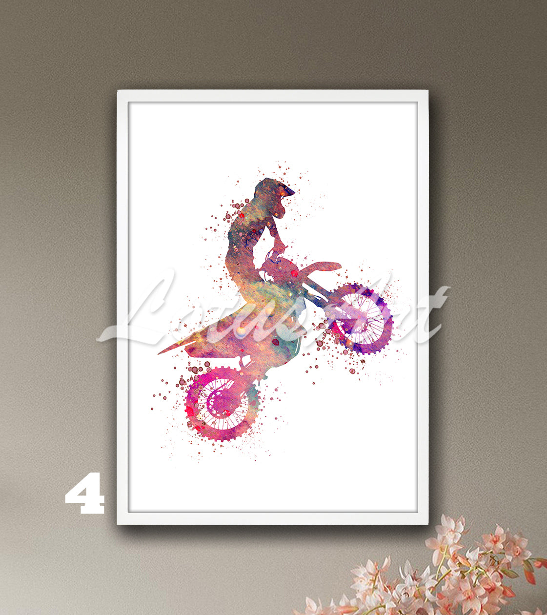 Dirt bike motocross watercolor sports art print in colorful tones - boys room decor