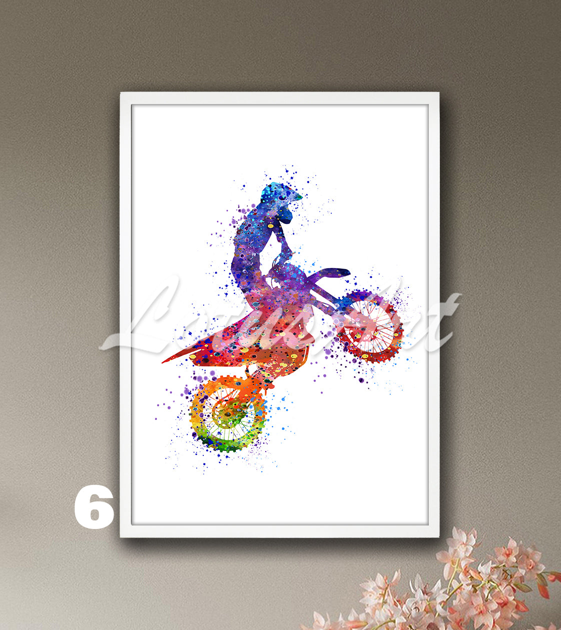 Dirt bike motocross watercolor sports artwork in rainbow tones - boys room wall art print