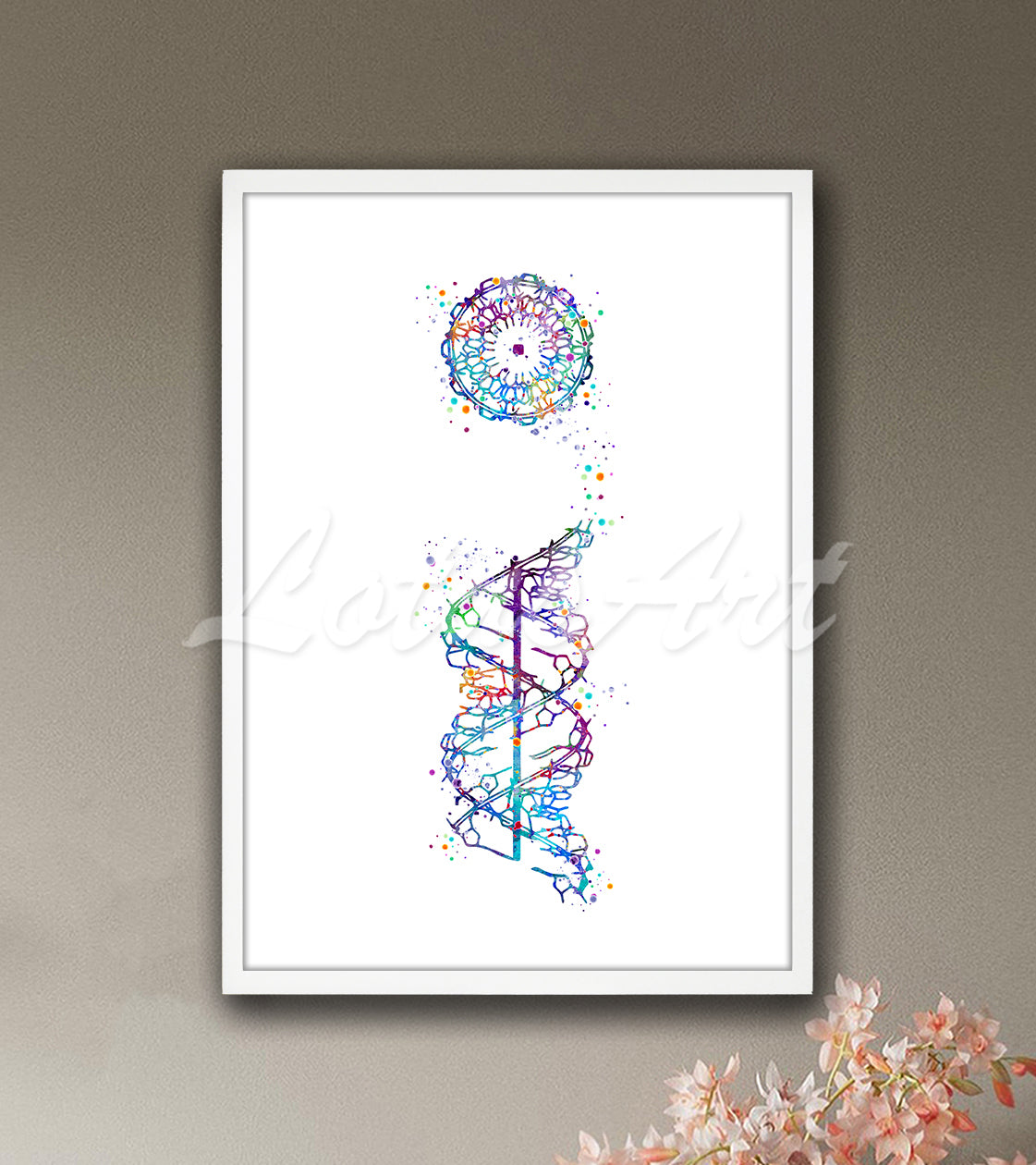 DNA A-form double helix structure in vibrant watercolor tones - medical science wall decor