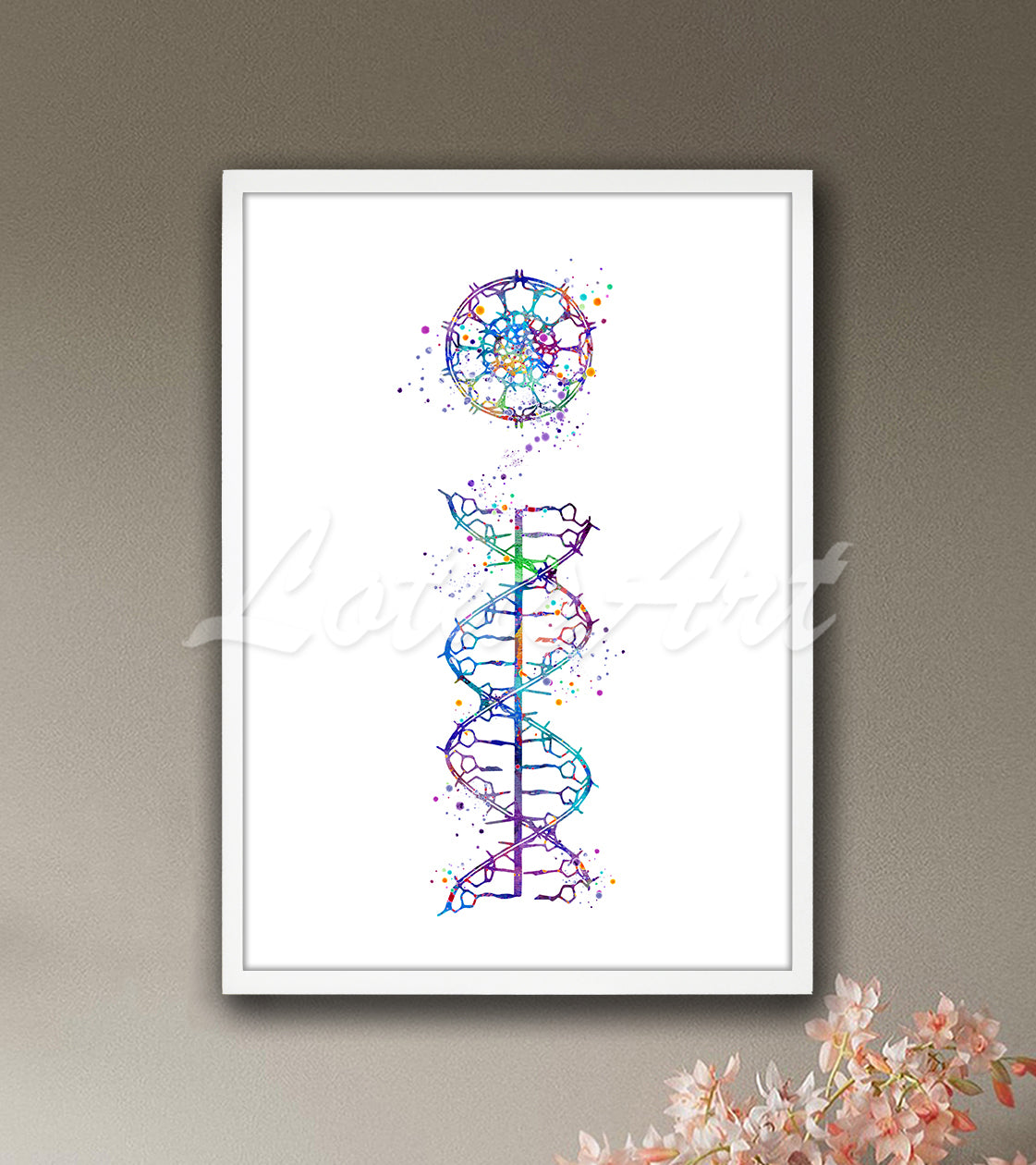 DNA B-form helix molecular structure watercolor illustration - biology lab wall art