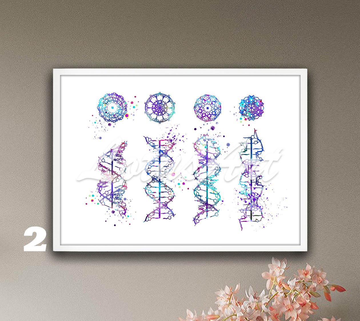 Art print of DNA helix a-b-c-z form of a blue-purple watercolor artwork for science medical wall decor.