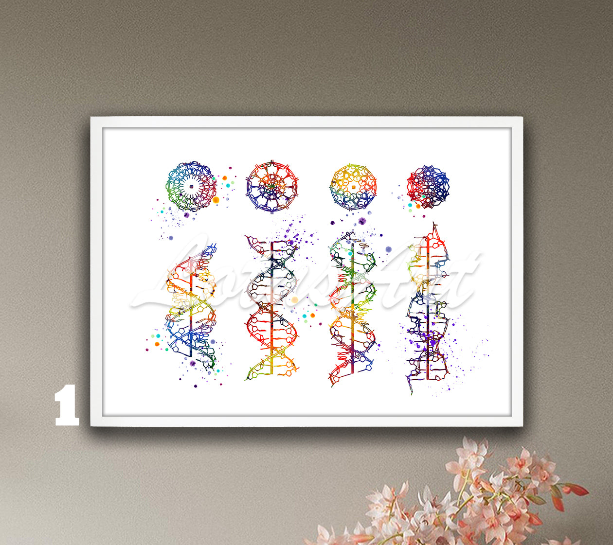 DNA helix a-b-c-z form art print of a multicolor watercolor painting for science medical wall decor.