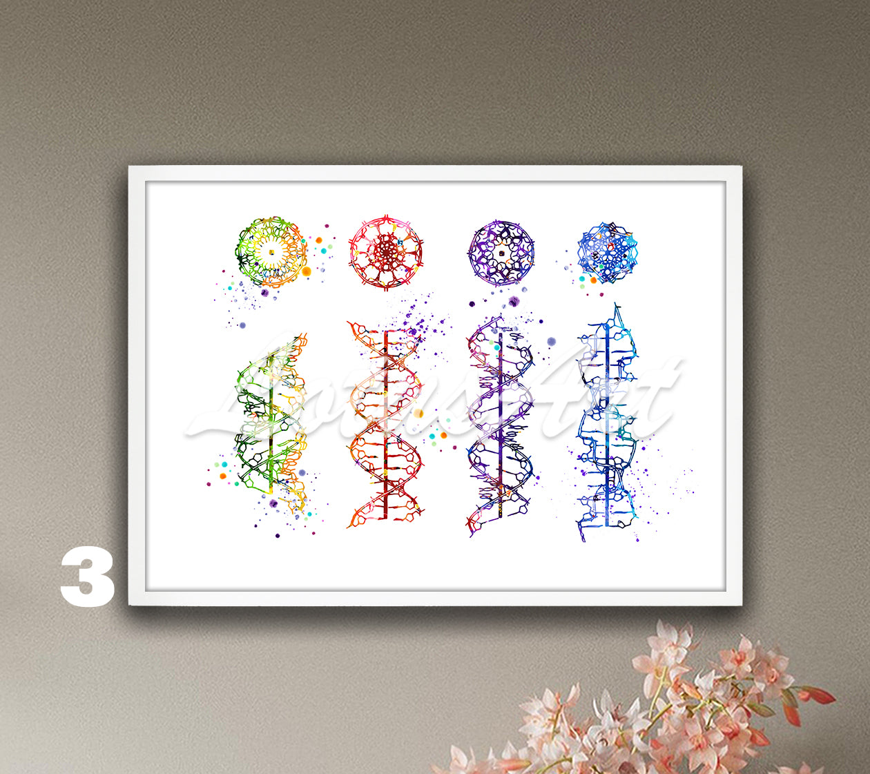 Art print of DNA helix a-b-c-z form of watercolor artwork in rainbow colors, perfect science medical wall decor.