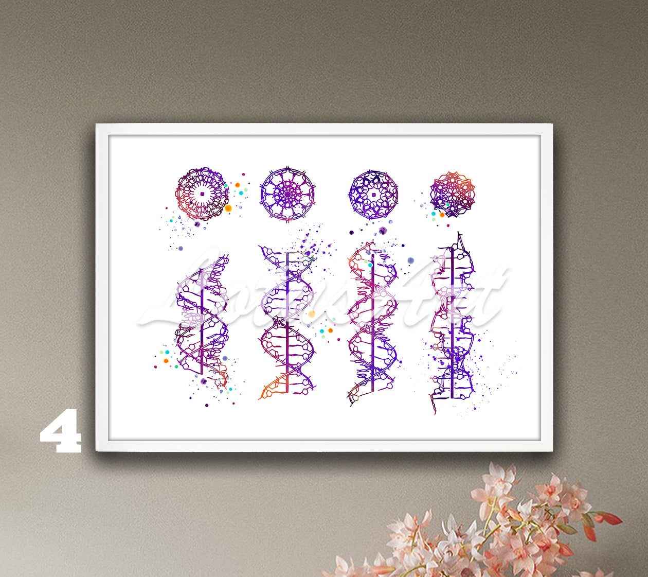 Art print in purple of DNA helix a-b-c-z form watercolor illustration, ideal medical wall decor and science gift.