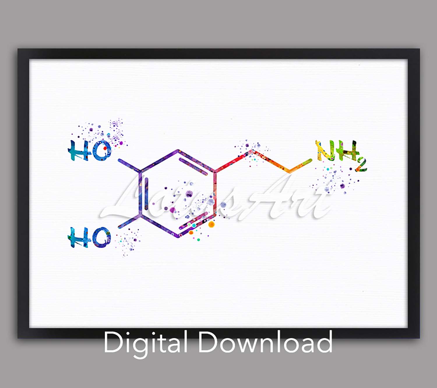 Dopamine molecule watercolor print in rainbow tones, neuroscience poster, instant digital download for medical office decor