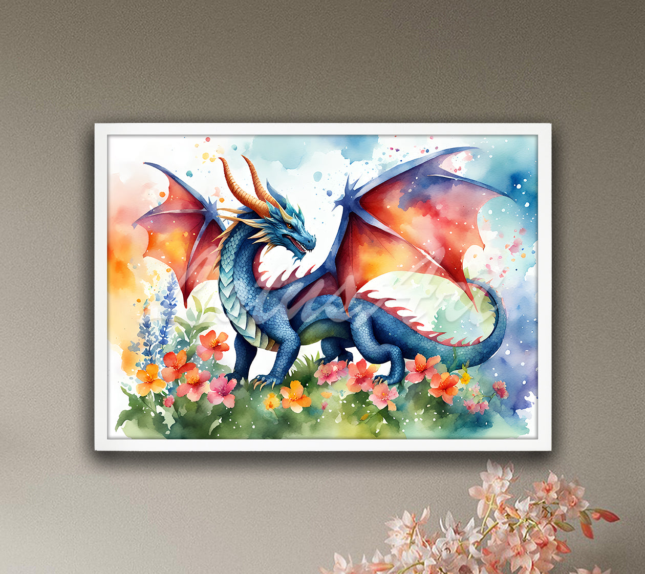 Dragon watercolor wall art print among flowers for fantasy animals kids decor in multicolor tones, framed in white wood