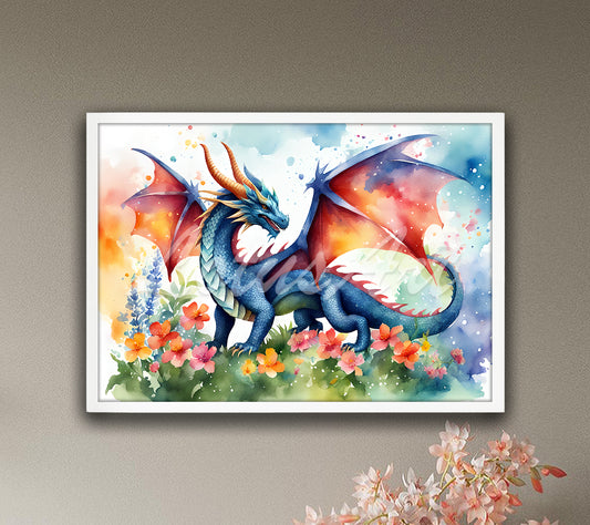 Dragon watercolor wall art print among flowers for fantasy animals kids decor in multicolor tones, framed in white wood