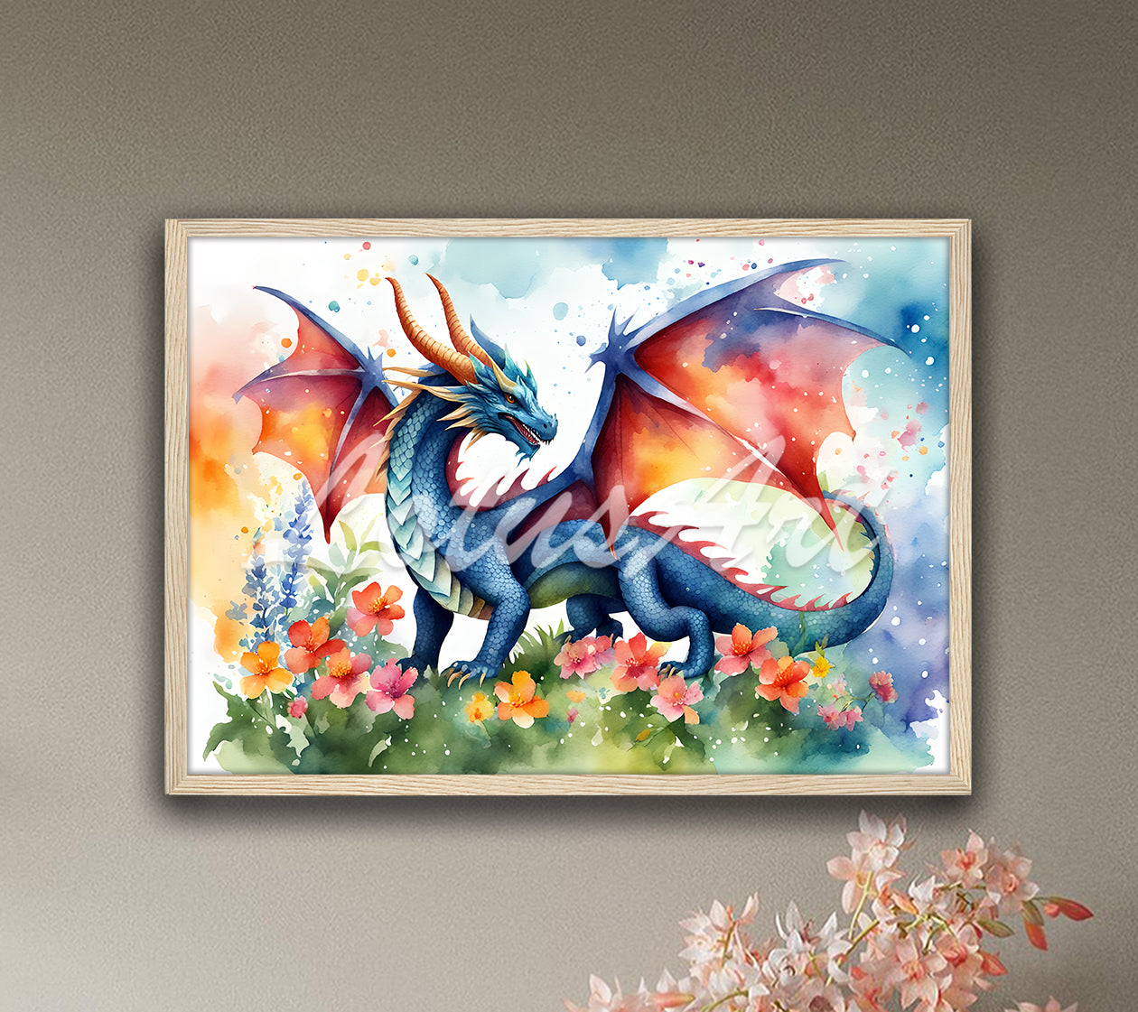 Beautiful dragon watercolor wall art among flowers for fantasy animals kids decor in multicolor tones, framed in natural wood