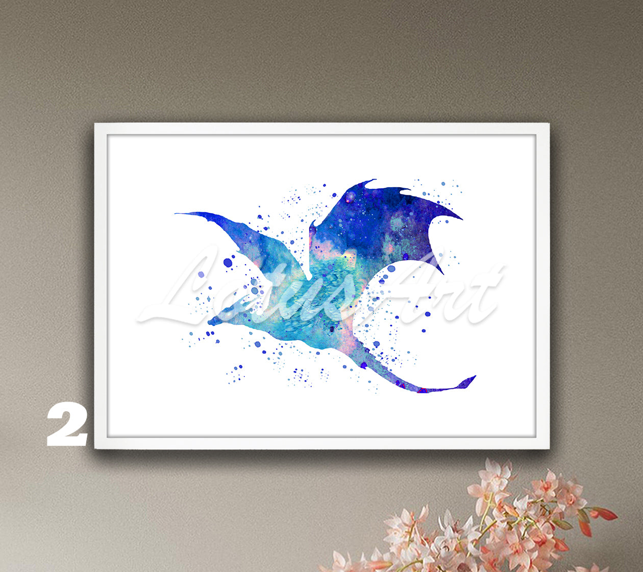 Flying dragon watercolor art art printr for fantasy animals in blue tones, mythical dragon gift for kids