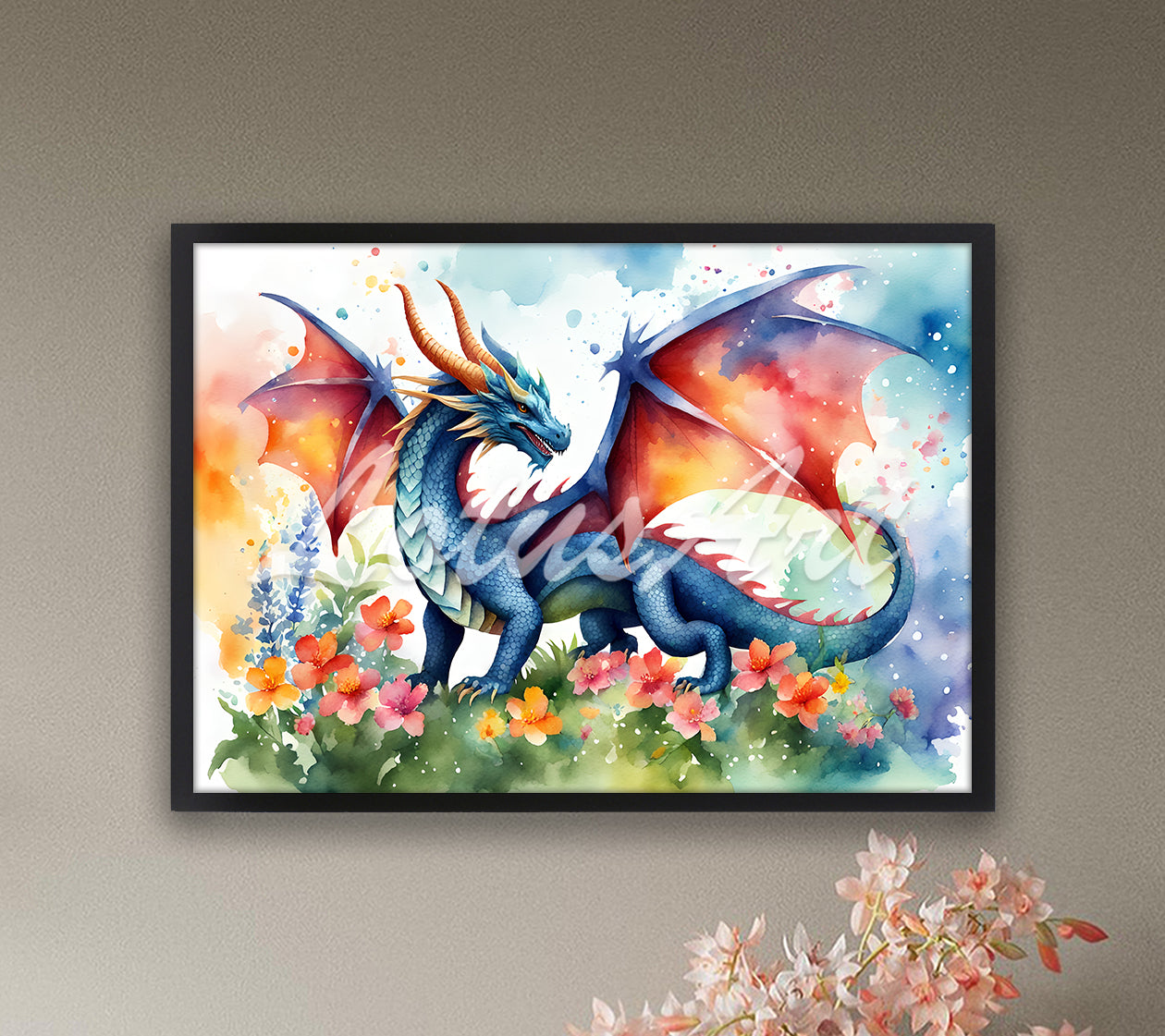 Dragon watercolor wall art among flowers for fantasy animals kids decor in multicolor tones, framed in black wood