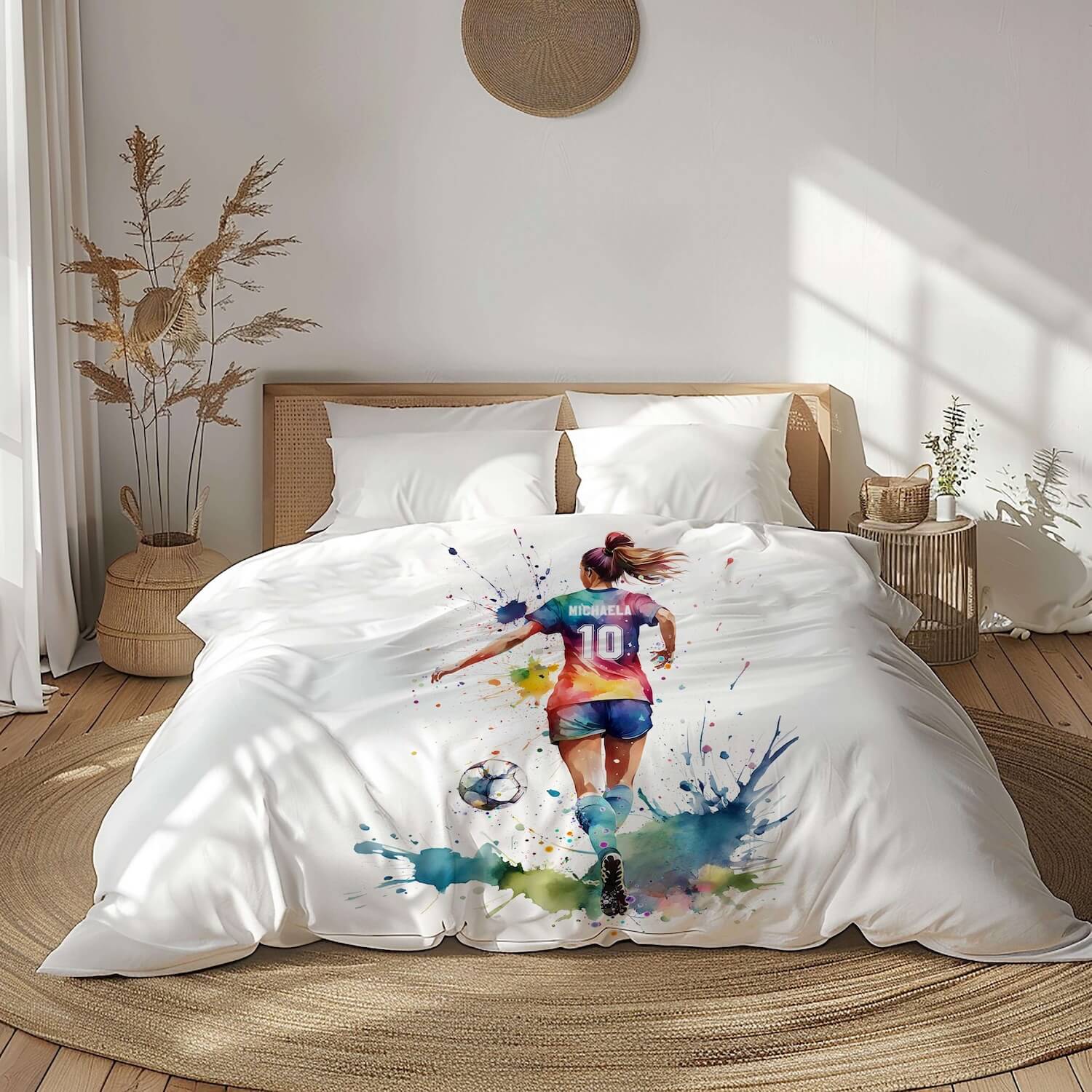 Soccer girl watercolor duvet cover - custom name and jersey number bedroom decor with multicolor sports art