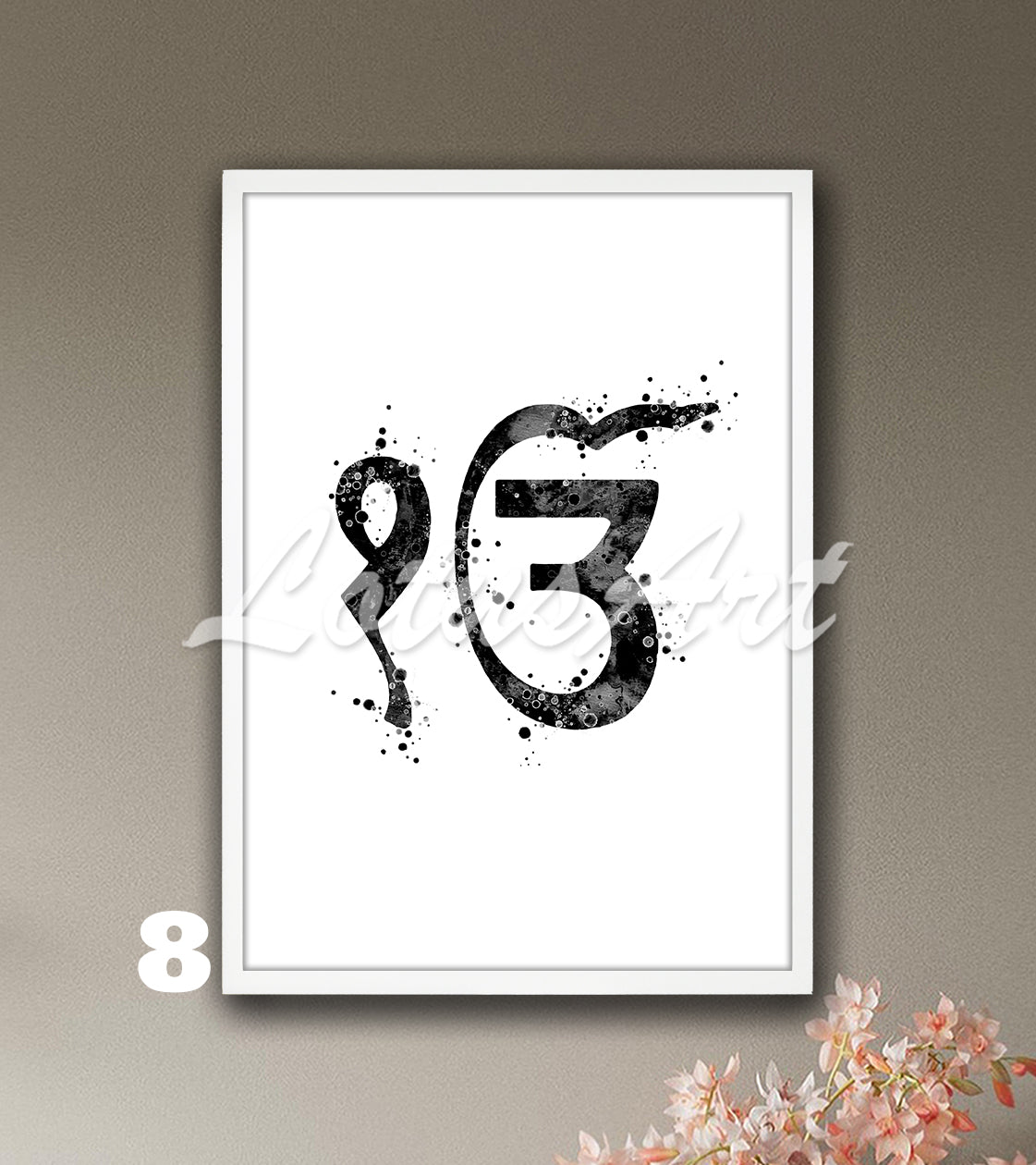 Black-white Ek Onkar Ik Onkar symbol watercolor poster, minimalist Sikhism spiritual wall decor and Sikh gift