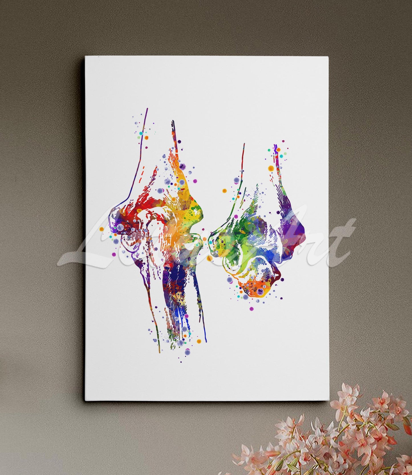 Canvas art print of a colorful watercolor painting of elbow joint, medical science decor.