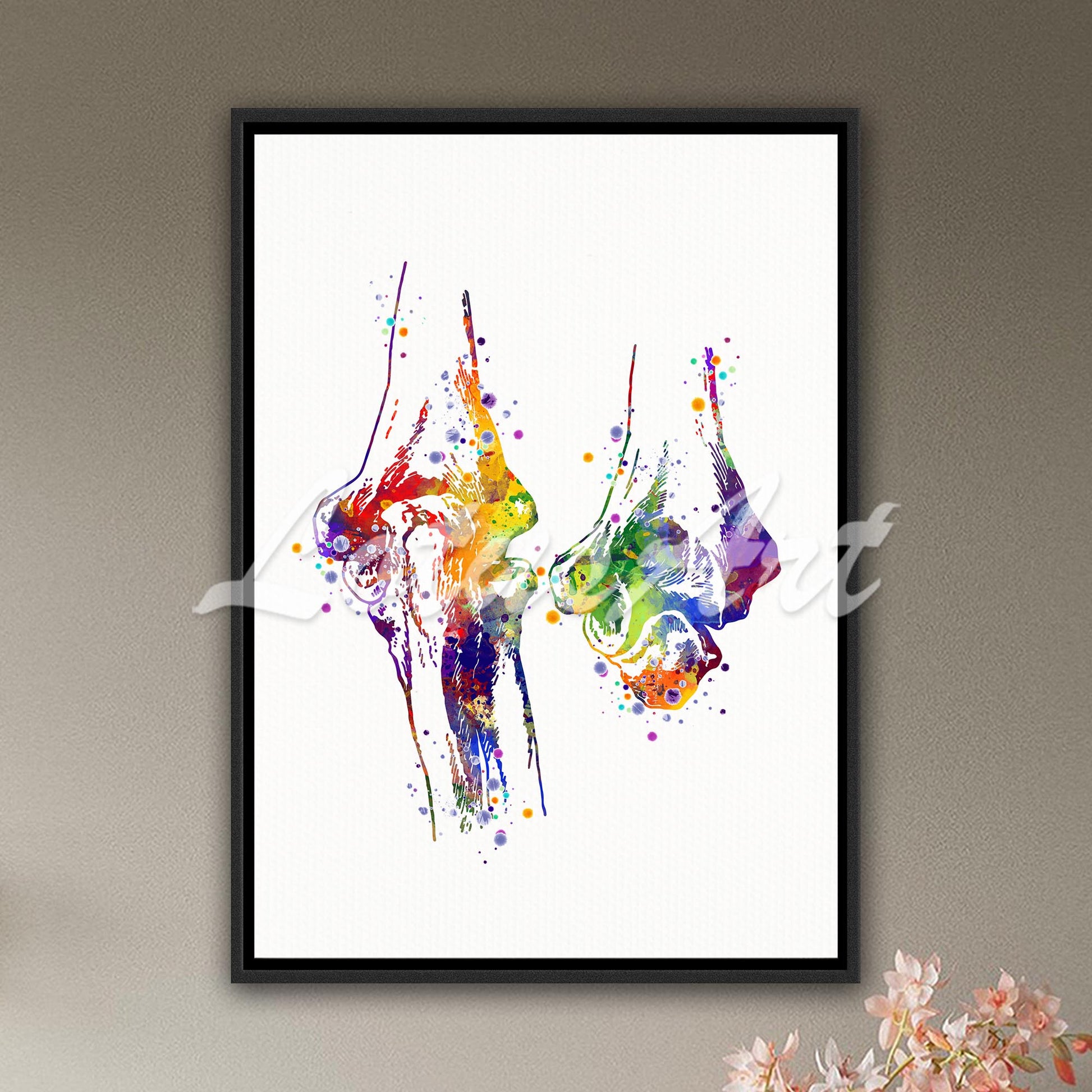 Framed canvas art print of a watercolor artwork of elbow joint – medical science decor.