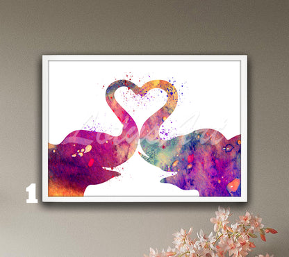 Love Couple Elephants Heart Watercolor Art Print, Wildlife Wall Decor, Valentine's Gift