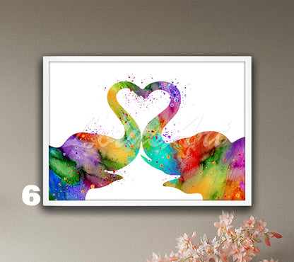 Love Couple Elephants Heart Watercolor Art Print, Wildlife Wall Decor, Valentine's Gift