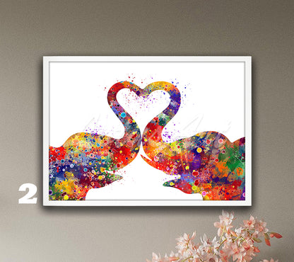 Love Couple Elephants Heart Watercolor Art Print, Wildlife Wall Decor, Valentine's Gift
