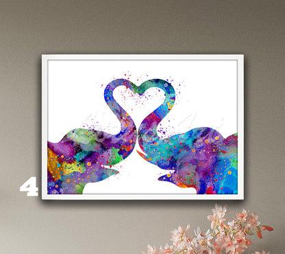 Love Couple Elephants Heart Watercolor Art Print, Wildlife Wall Decor, Valentine's Gift