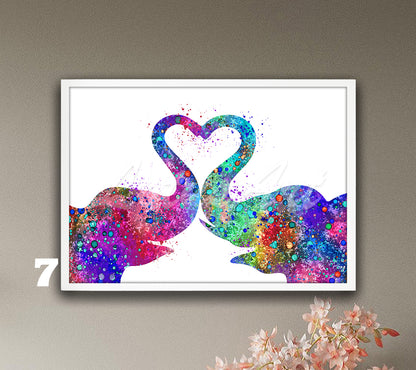 Love Couple Elephants Heart Watercolor Art Print, Wildlife Wall Decor, Valentine's Gift