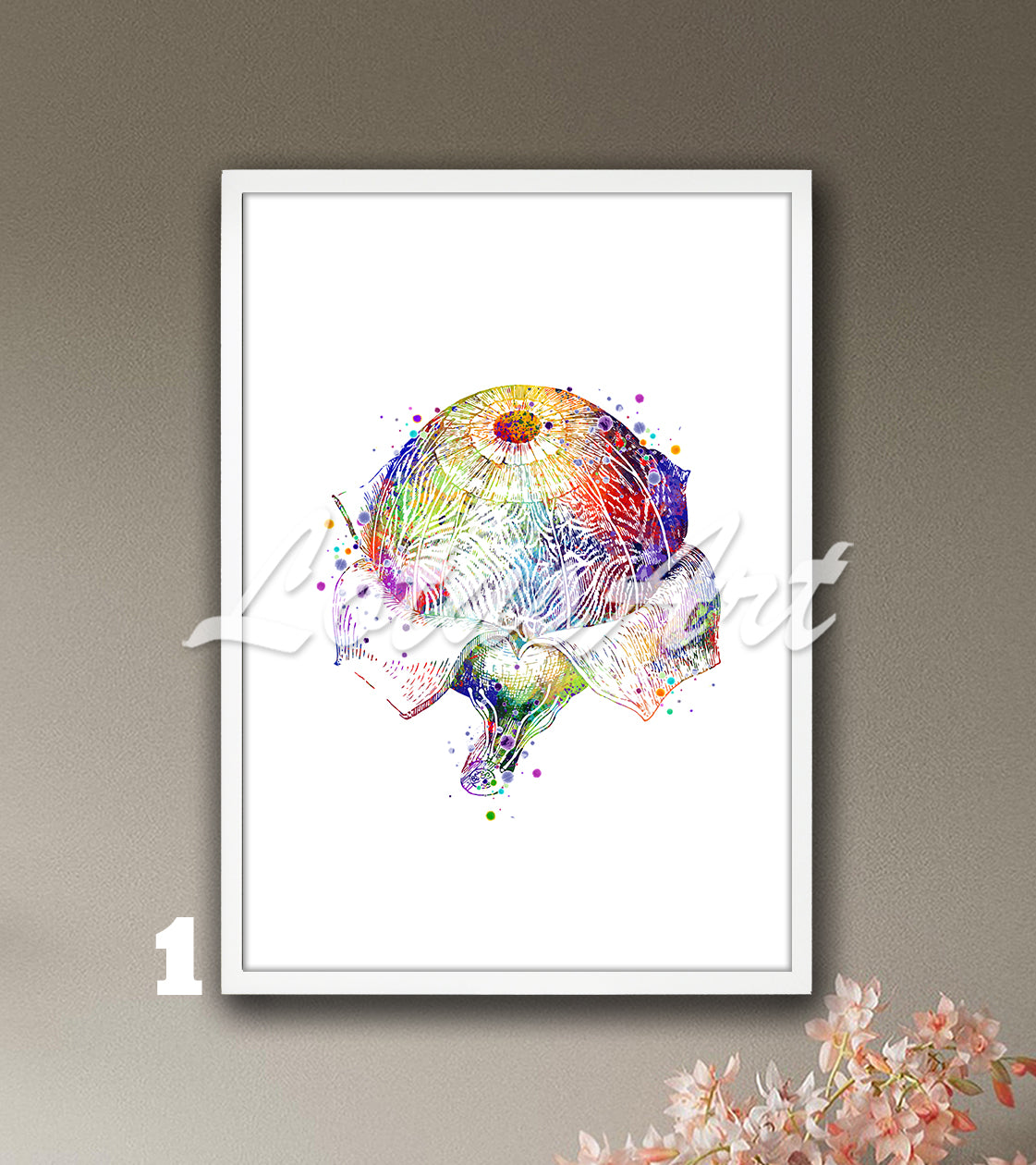 Beautiful art print of a multicolor watercolor artwork depicting the anatomy of the human eyeball and retina.