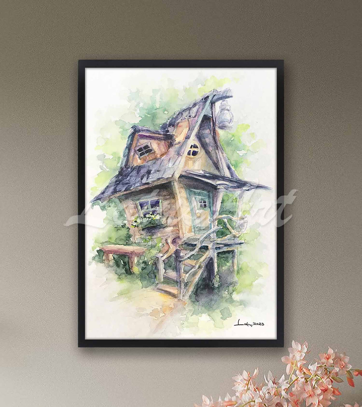 Fairy tale wooden forest house watercolor print in black frame, nursery & kids room wall art poster