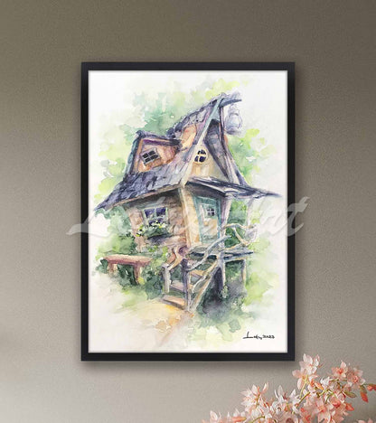 Fairy tale wooden forest house watercolor print in black frame, nursery & kids room wall art poster
