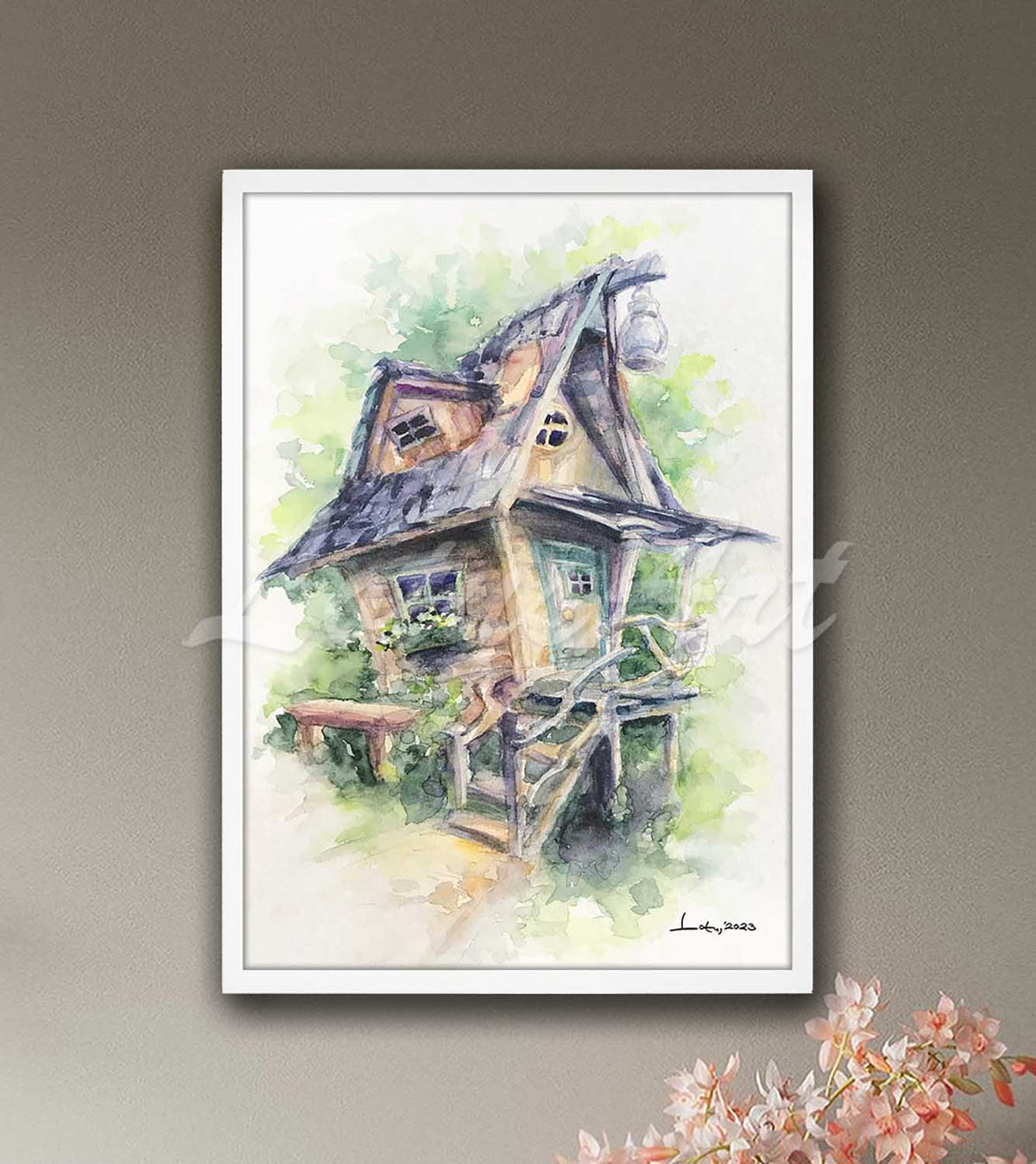 Fairy tale house watercolor poster in white frame, forest wooden house kids room decor & wall art print