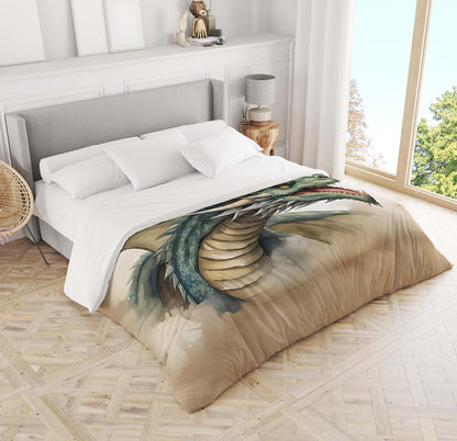 Fantasy dragon duvet cover bedroom setting, unique gamer bedding with watercolor dragon art
