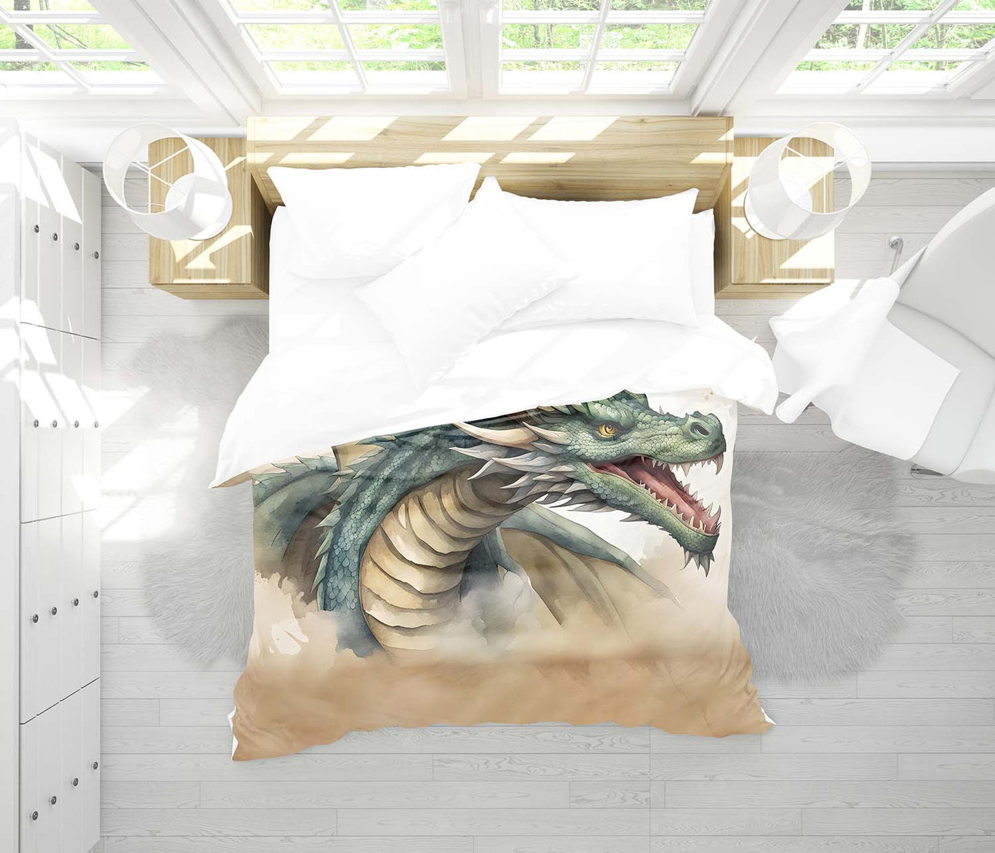 Fantasy dragon duvet cover closeup watercolor fire dragon illustration, mythical beast bedding