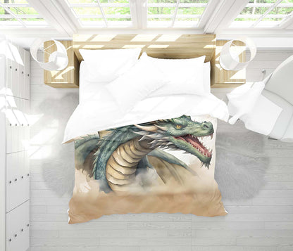 Fantasy dragon duvet cover closeup watercolor fire dragon illustration, mythical beast bedding